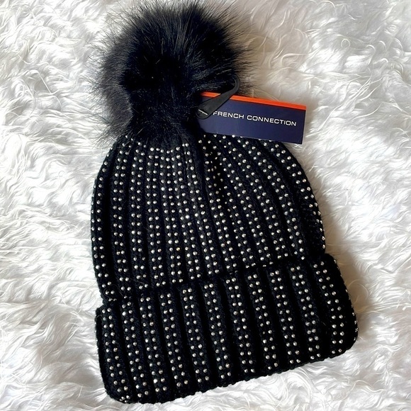 Brand New French Connection Black w/ Silver Tone Studs Pom Cable Knit Hat Beanie main image 4